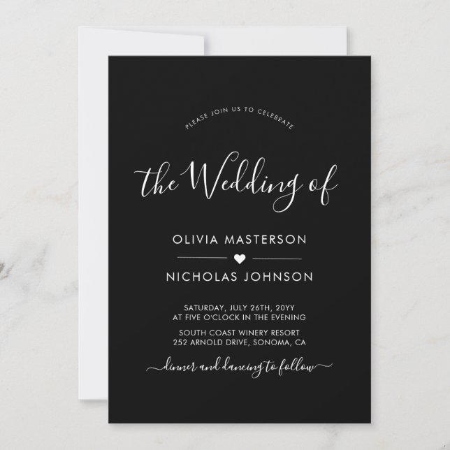 Modern Script Heart QR Code Photo Black Wedding Invitation (Front)