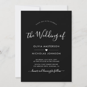 Modern Script Heart QR Code Photo Black Wedding Invitation