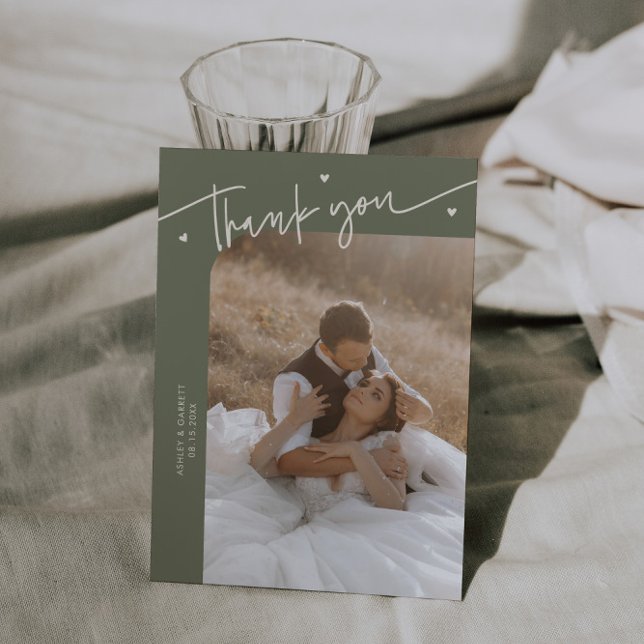 Modern Script Heart Sage Green Wedding  Thank You Card (Creator Uploaded)