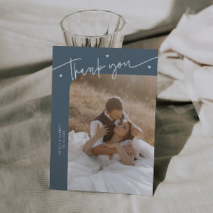 Modern Script Heart Slate Blue Wedding  Thank You Card