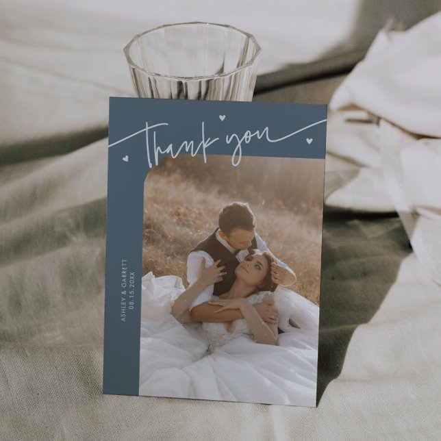 Modern Script Heart Slate Blue Wedding  Thank You Card (Creator Uploaded)