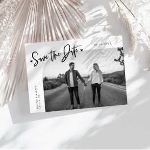 Modern Script Heart White Curved Frame Photo Save The Date