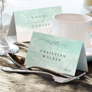 Modern Script Hearts Beach Foldable Place Card