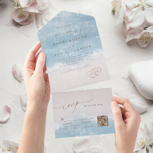 Modern Script Hearts in the sand Beach wedding All In One Invitation