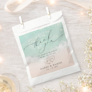 Modern Script Hearts in the Sand Beach Wedding Favour Bag