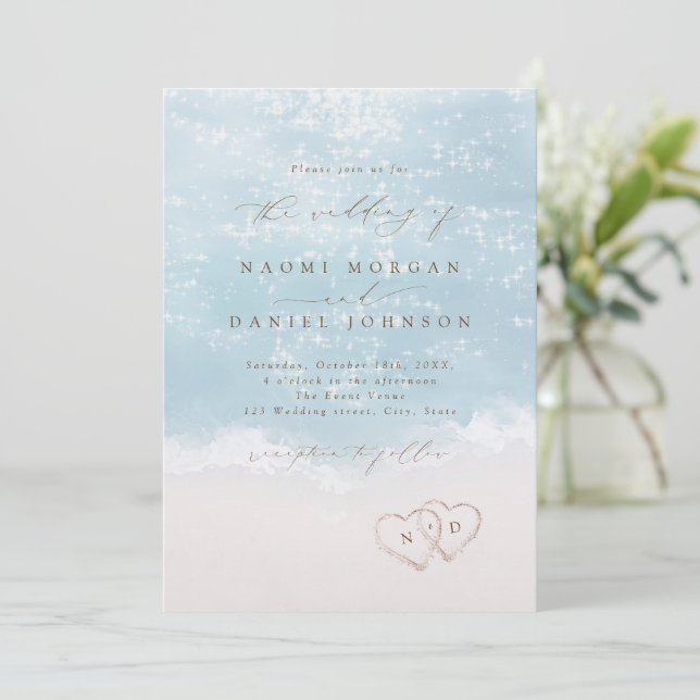 Modern Script Hearts In The Sand Beach Wedding  Invitation (Standing Front)