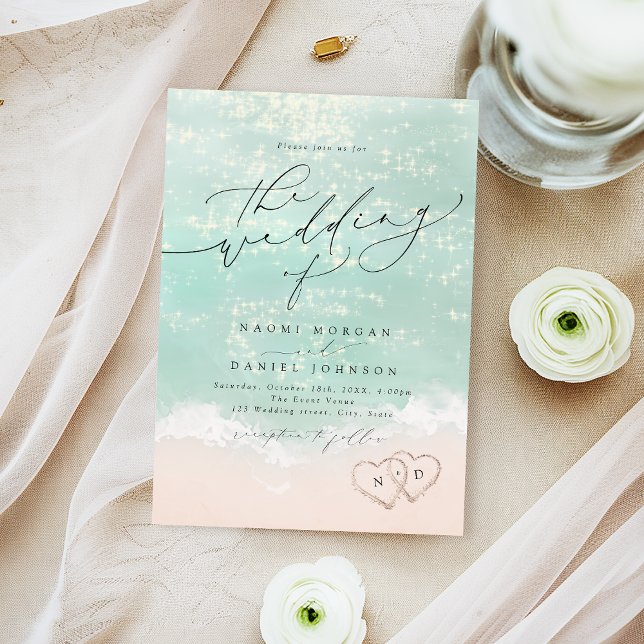 Modern Script Hearts In The Sand Beach Wedding  Invitation (Modern Script Hearts In The Sand Beach Wedding Invitation)