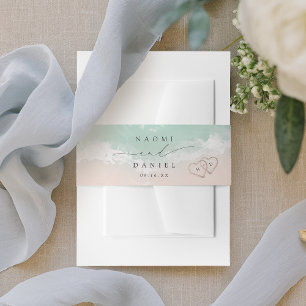 Modern Script Hearts In The Sand Beach Wedding Invitation Belly Band