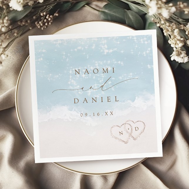 Modern Script Hearts In The Sand Beach Wedding  Napkin (Modern Script Hearts In The Sand Beach Wedding Napkins)