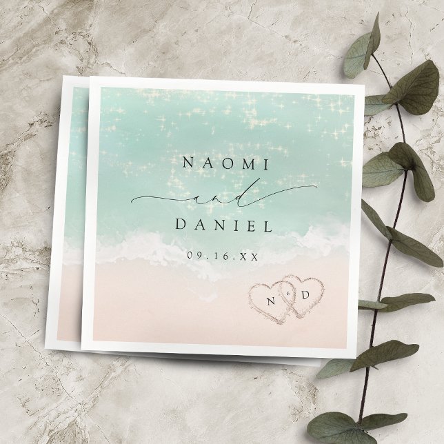 Modern Script Hearts In The Sand Beach Wedding  Napkin (Modern Script Hearts In The Sand Beach Wedding Napkins)