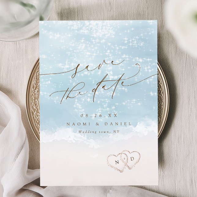 Modern Script Hearts In The Sand Beach Wedding  Save The Date (Modern Script Hearts In The Sand Beach Wedding Save The Date)