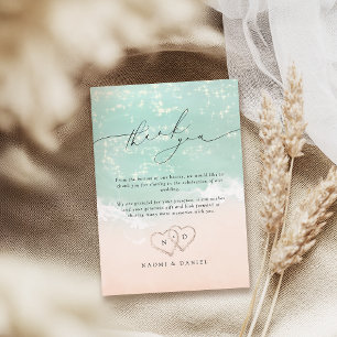 Modern Script Hearts In The Sand Beach Wedding  Thank You Card