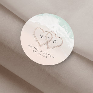 Modern Script Hearts Monogram Beach Wedding Favors Classic Round Sticker
