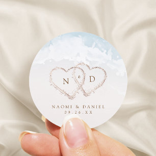 Modern Script Hearts Monogram Beach Wedding Favour Classic Round Sticker