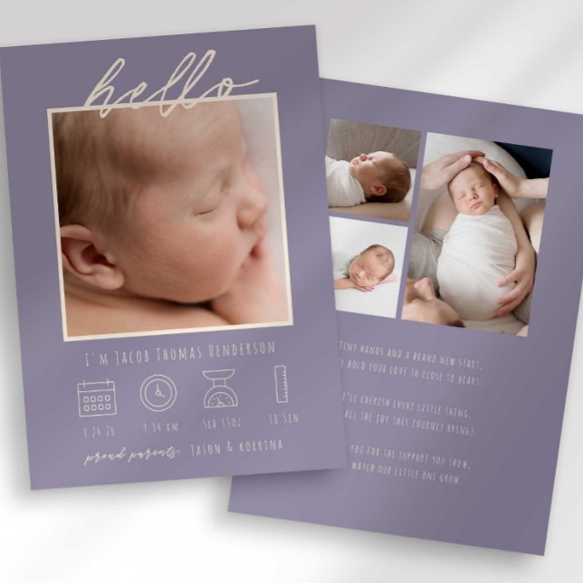 Modern Script Hello Baby Photo Birth Announcement (Creator Uploaded)