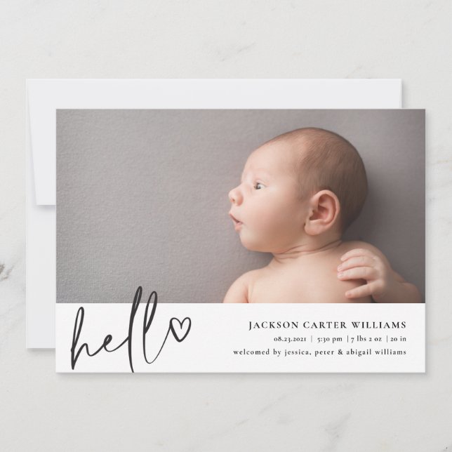 Modern Script Hello Photo Birth Announcement (Front)