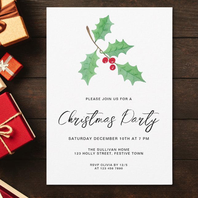Modern Script Holly Christmas Party Invitation (Creator Uploaded)