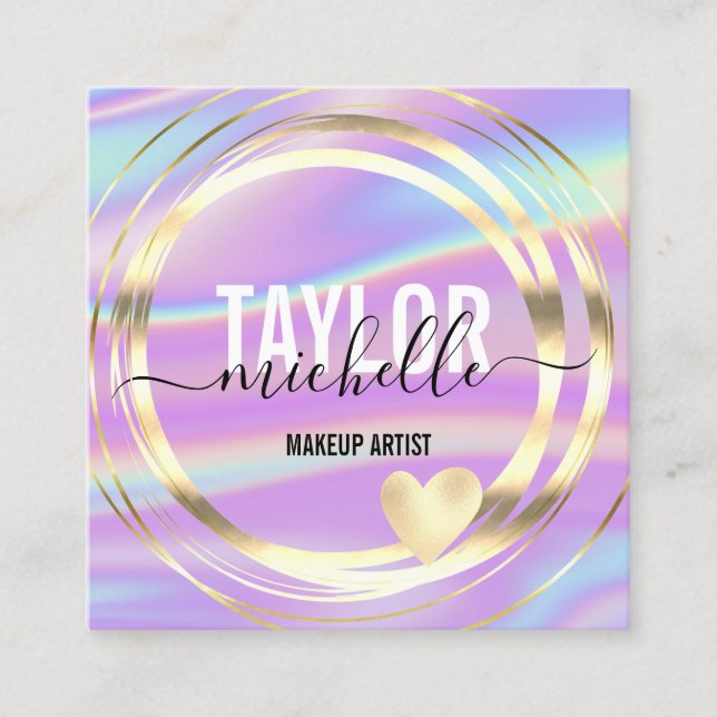 modern script holographic glitter square business  square business card (Front)