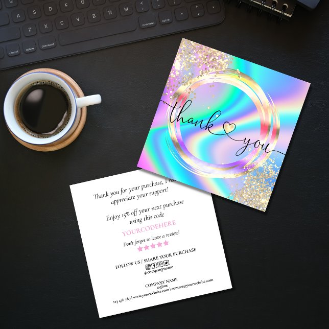 modern script holographic thank you for your order square business card (Creator Uploaded)