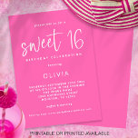 Modern Script Hot Pink Sweet 16 Birthday Party Invitation<br><div class="desc">Prnitable or Printed Modern Script Hot Pink Sweet 16 Birthday Party. Minimalist typographical style for the 16th birthday party girl, with a set informal script for Sweet 16 and the rest of the text you can easily personalise. The text and background colours can be changed if you wish via the...</div>