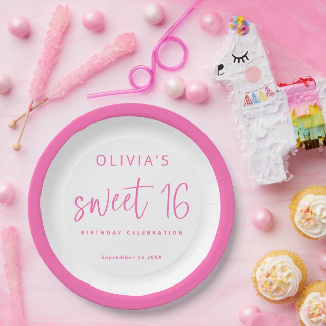 Modern Script Hot Pink Sweet 16 Birthday Party Paper Plate (Party)