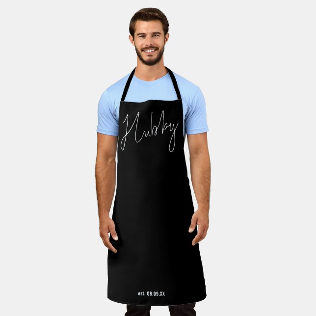 Modern Script Hubby Date White Black Apron (Worn)