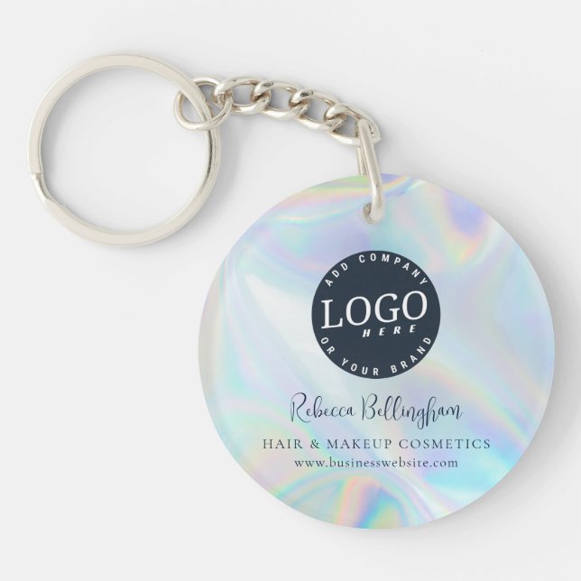 Modern Script Iridescent Business Logo Key Ring (Front)