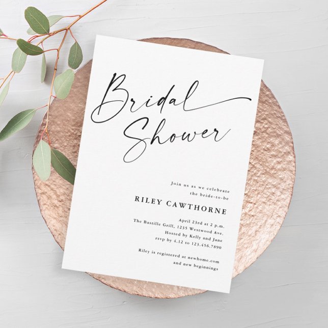 Modern Script Ivory Boho Bridal Shower Invitation (Modern simple black and white script boho bridal shower invitations.)