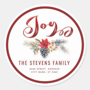 Modern script joy snow pine cone branch   classic round sticker