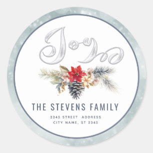 Modern script joy snow pine cone branch classic round sticker