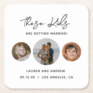 Modern Script Kids Photo Wedding Save The Date Square Paper Coaster