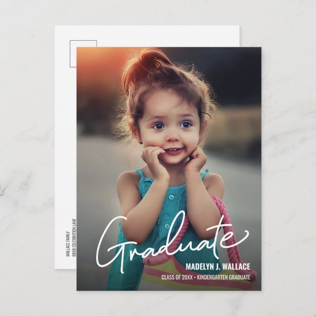Modern Script Kindergarten Girl Graduate Photo Announcement Postcard (Front/Back)