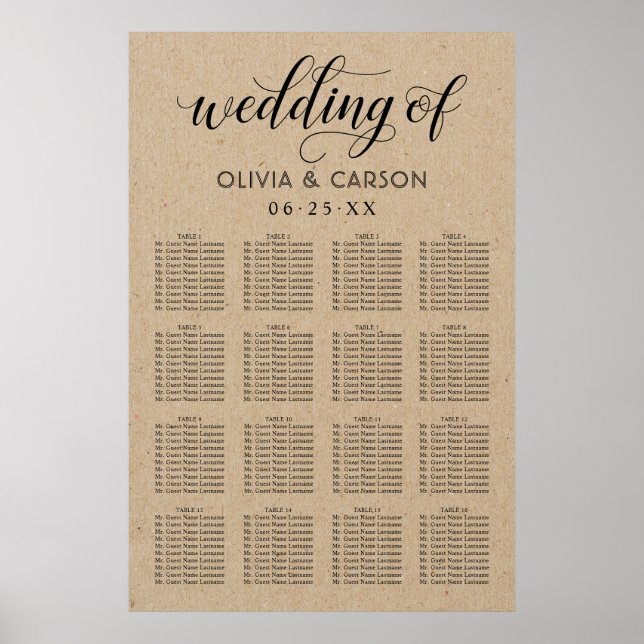 Modern Script Kraft Paper Wedding Seating Poster (Front)