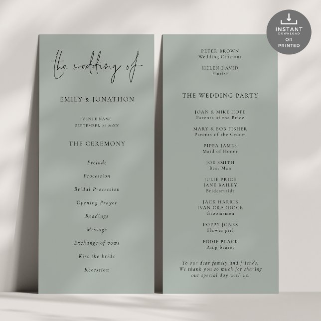 Modern Script Light Sage Green Wedding Program (Front and back view)