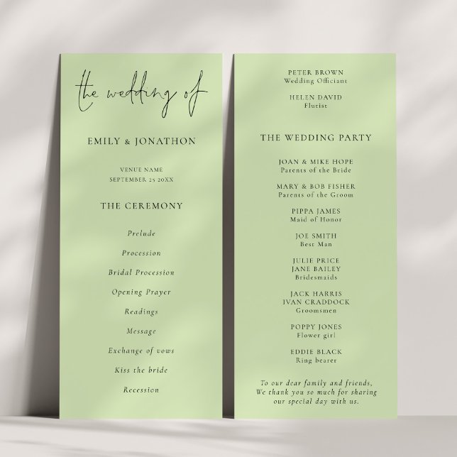 Modern Script Lime Cream Green Wedding Program (Front and back view)
