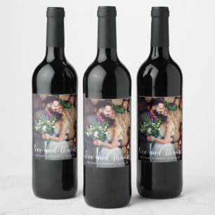 Modern Script Love and Thanks Wedding Couple Wine Label