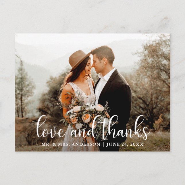 Modern Script Love and Thanks Wedding Photo Postcard (Front)