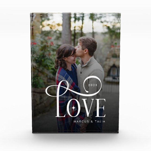 Modern Script Love Custom Engaged Couples Photo Block (Front)