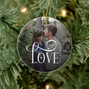 Modern Script Love Custom Engaged Couples Photo Ceramic Ornament