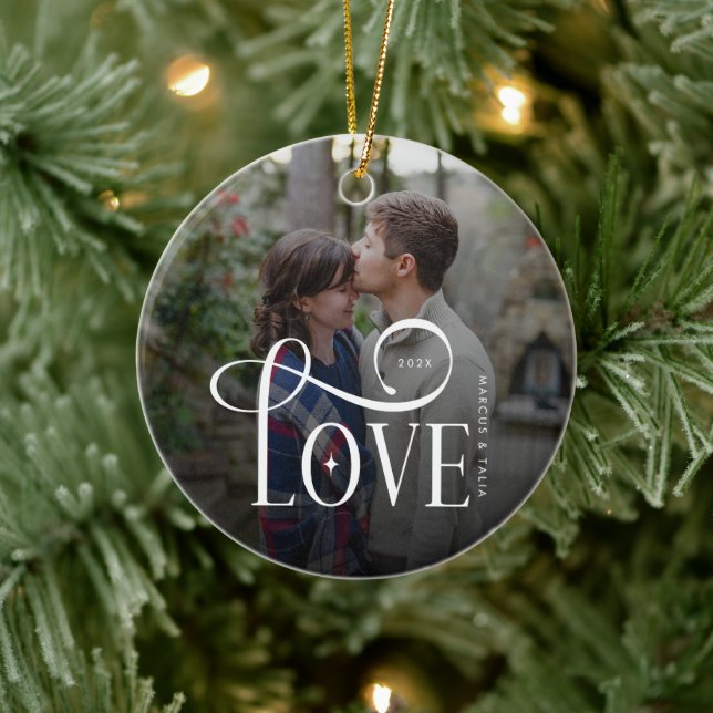 Modern Script Love Custom Engaged Couples Photo Ceramic Ornament (Tree)