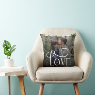 Modern Script Love Custom Engaged Couples Photo Cushion
