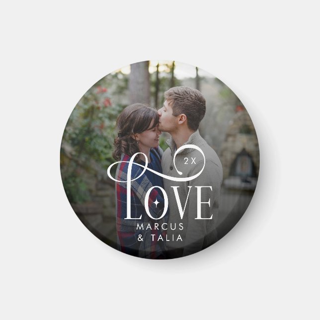 Modern Script Love Custom Engaged Couples Photo Magnet (Front)