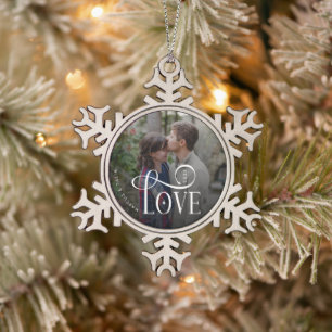 Modern Script Love Custom Engaged Couples Photo Snowflake Pewter Christmas Ornament