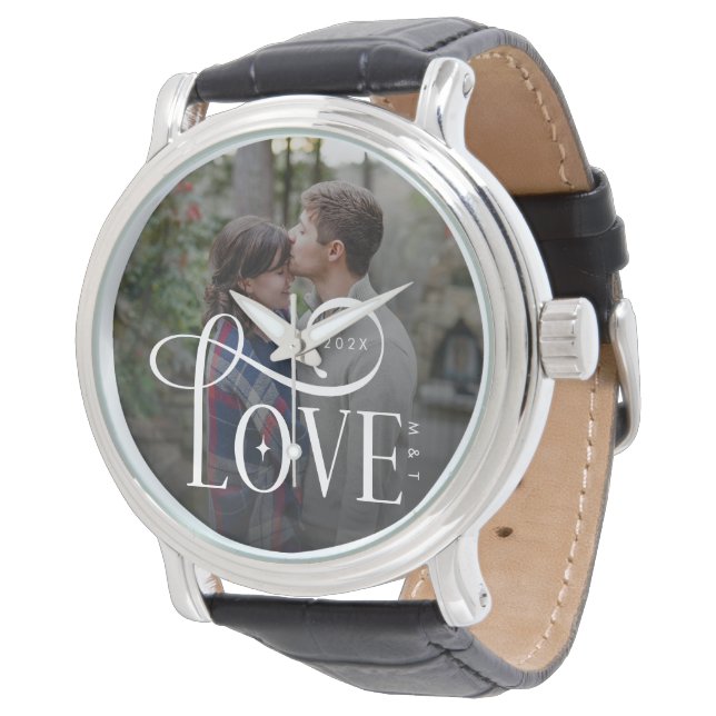 Modern Script Love Custom Engaged Couples Photo Watch (Angled)