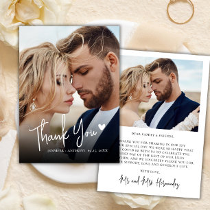 Modern Script Love Heart 2 Photo Wedding Thank You Card