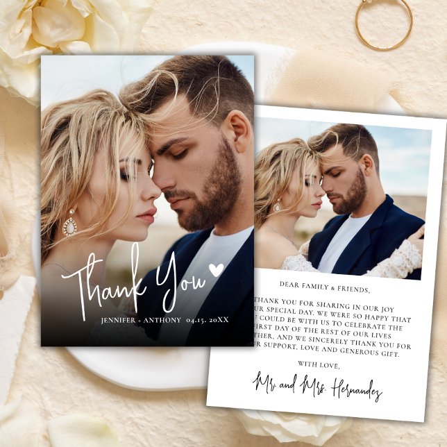 Modern Script Love Heart 2 Photo Wedding Thank You Card (Creator Uploaded)