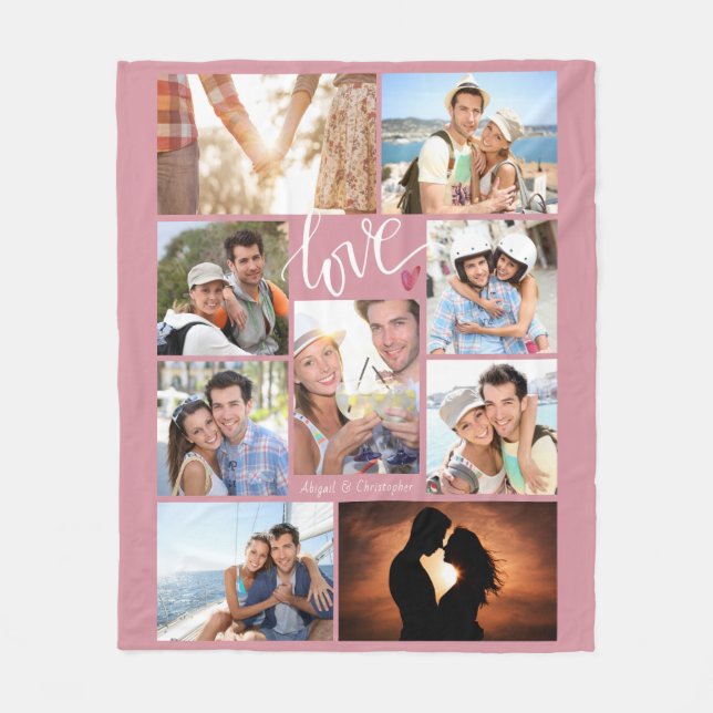 Modern Script LOVE Heart Photo Collage Rose Names Fleece Blanket (Front)