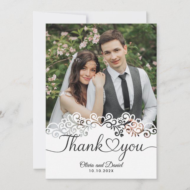 Modern Script Love Heart Wedding Flat Thank You Card (Front)