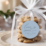 Modern Script Love Is Sweet Wedding Classic Round Sticker<br><div class="desc">simple modern minimalist script "love is sweet" wedding sky blue colour favour sticker.</div>