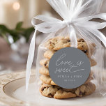 Modern Script Love Is Sweet Wedding Classic Round Sticker<br><div class="desc">simple modern minimalist script "love is sweet" wedding dusty blue grey colour favour sticker.</div>